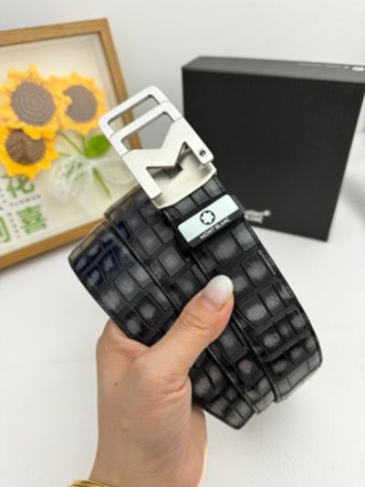 1:1  Montblanc Black Leather Belt with Silver Logo Buckle Inlay Design Buckle 3.5cm